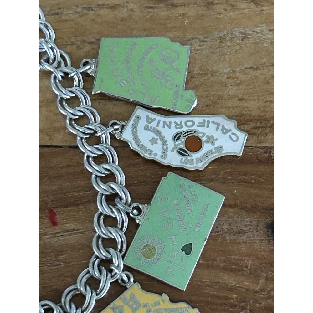 Vintage Sterling And Enamel USA States Charms Double Curb Bracelet Small